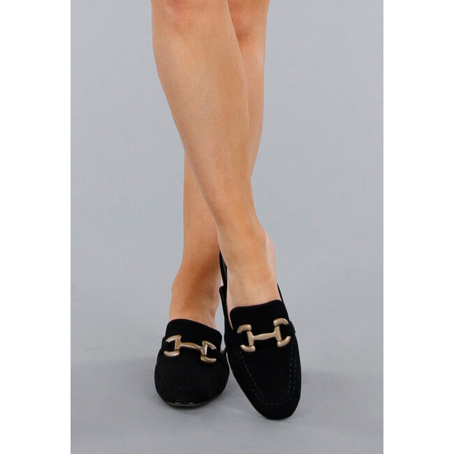 Schwarze Wildleder Loafers mit goldenem Horsebit Schalter