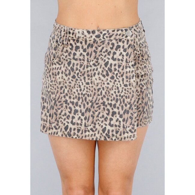Stretch Denim Leopard Skort mit Overslag