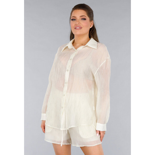 Cremefarbenes 2-teiliges Set mit durchscheinender Bluse und elastischer Short