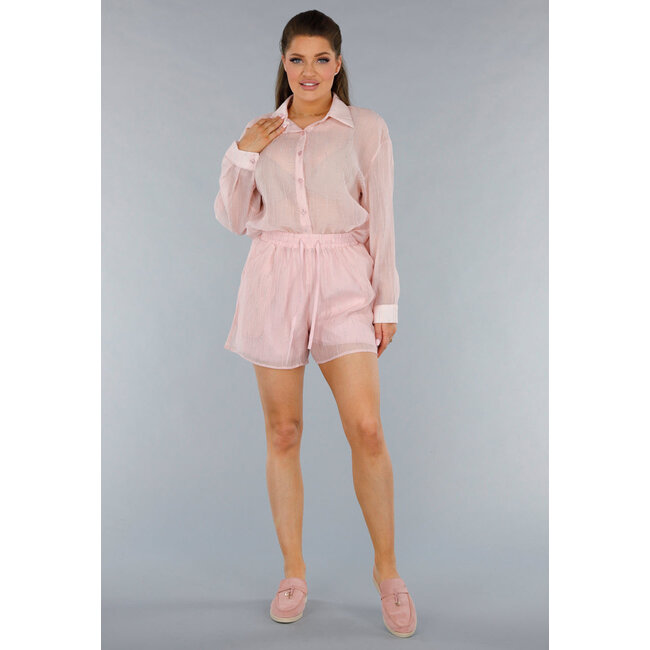 Hellrosa Zweiteiliges Set mit durchsichtiger Bluse und elastischer Short