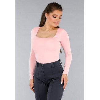 Langarm-Shirt aus hellrosa Stretch-Stoff mit quadratischem Ausschnitt
