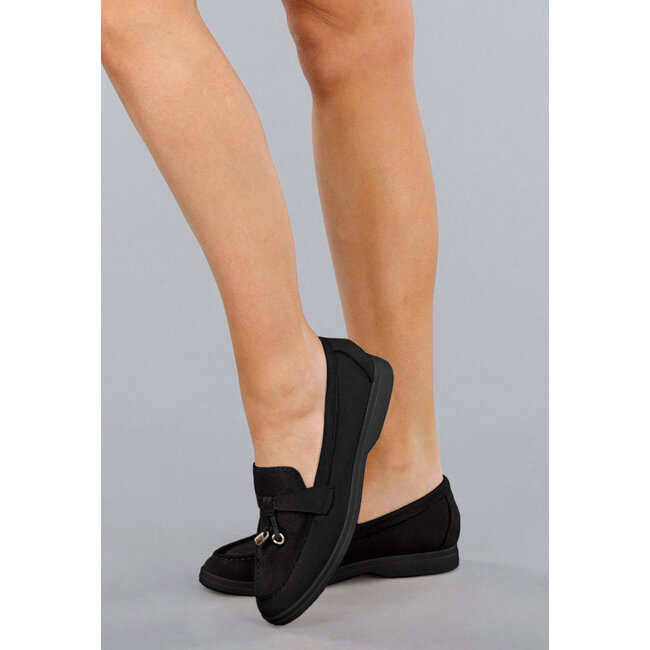 Bequeme schwarze Wildleder-Loafers mit flexibler Sohle und goldenen Details