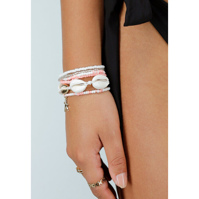 Weiß/rosa Armband-Set mit Kaurimuscheln und Seestern-Charme