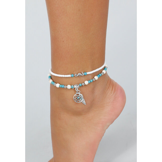 Bohemian Knöchel-Armband mit weißen und blauen Perlen und Silber Traumfänger Charme
