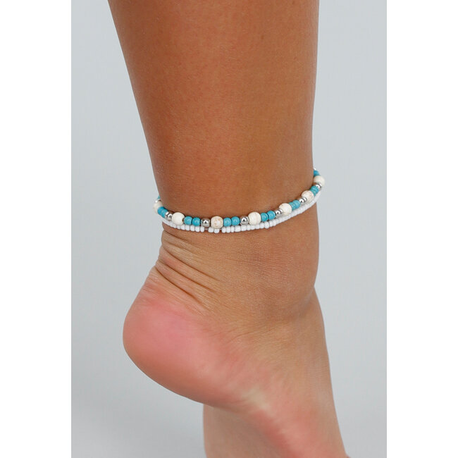 Bohemian Knöchel-Armband mit weißen und blauen Perlen und Silber Traumfänger Charme