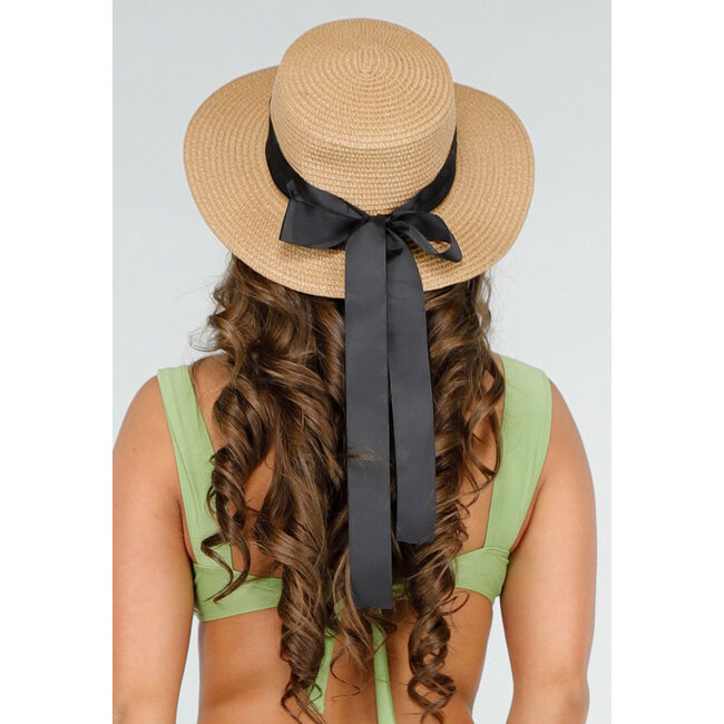 Brauner Raffia Strandhut mit schwarzer Schleife