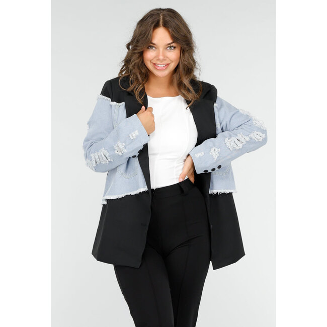 Schwarzer Blazer mit Denim-Details