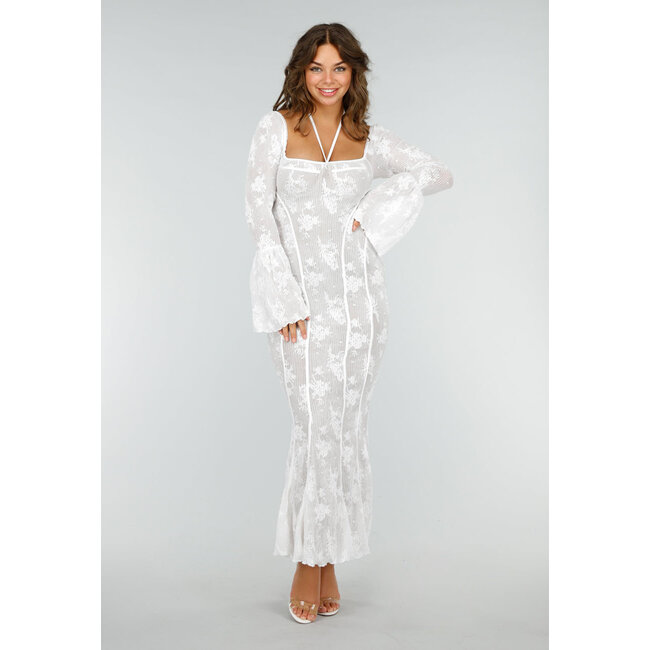 Fischschwanz-Spitzenkleid mit ausgestellten Ärmeln und Neckholder-String