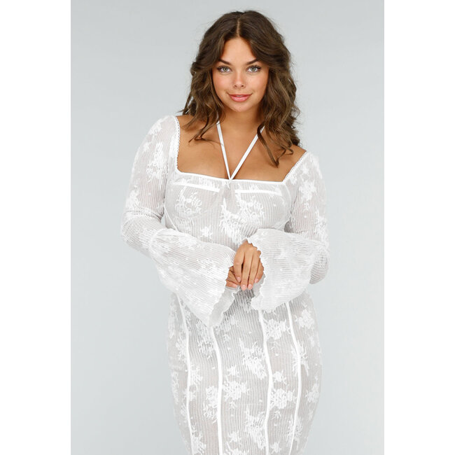 Fischschwanz-Spitzenkleid mit ausgestellten Ärmeln und Neckholder-String