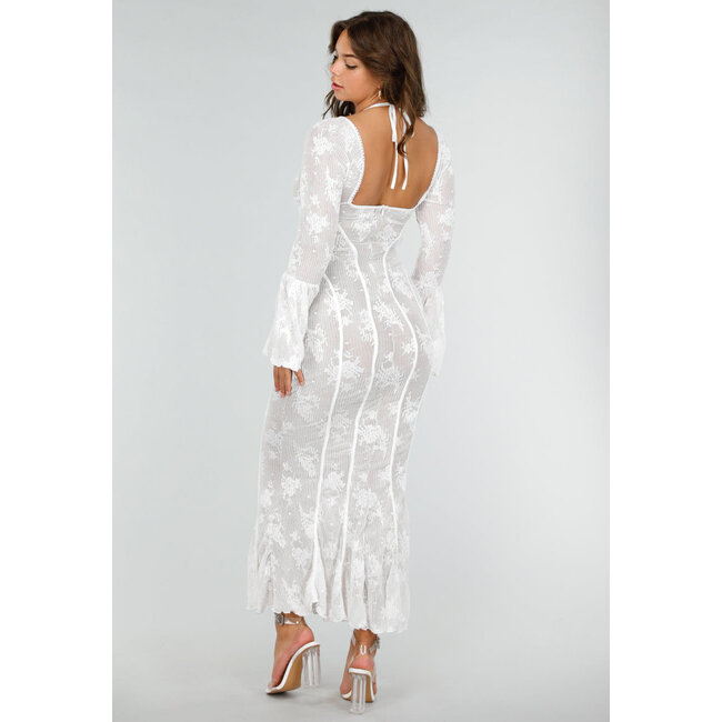 Fischschwanz-Spitzenkleid mit ausgestellten Ärmeln und Neckholder-String