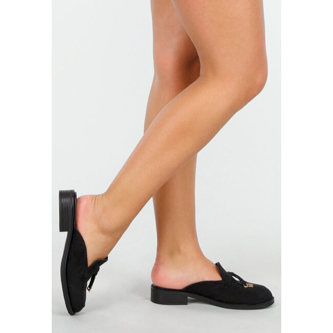 Schwarze Loafers aus Wildlederimitat mit Blockabsatz und goldenem Detail