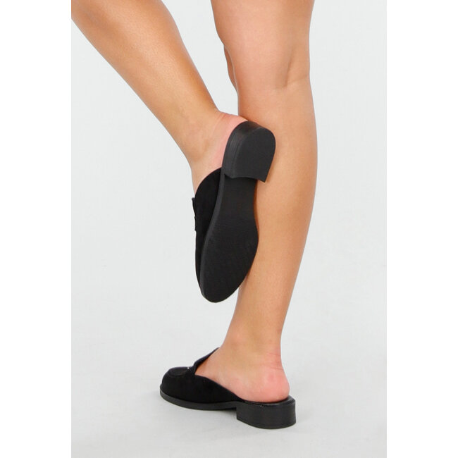 Schwarze Loafers aus Wildlederimitat mit Blockabsatz und goldenem Detail