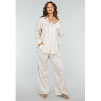 Zweiteiliges Set aus Leinen in Beige mit bestickter Bluse und Hose