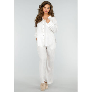 Zweiteiliges Set aus Leinen in Weiß mit bestickter Bluse und Hose