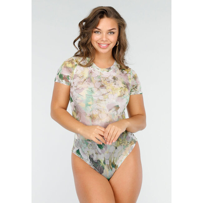 Kurzärmeliger Mesh-Body mit zartem Blumendruck