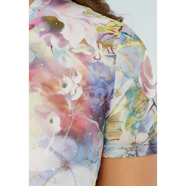 Kurzärmeliger Mesh-Body mit pastellfarbenem Blumendruck in zarten Tönen