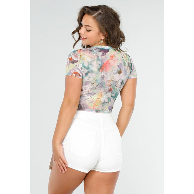 Kurzärmeliger Mesh-Body mit weichem, mehrfarbigem Blumendruck