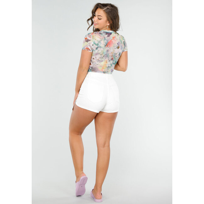 Kurzärmeliger Mesh-Body mit weichem, mehrfarbigem Blumendruck