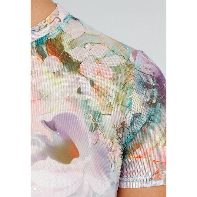 Kurzärmeliger Mesh-Body mit weichem, mehrfarbigem Blumendruck