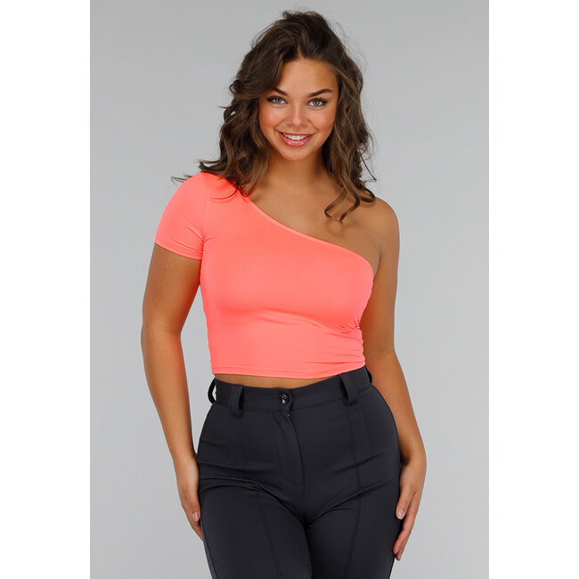 Neonfarbenes korallenrotes One-Shoulder-Top in Cropped Model