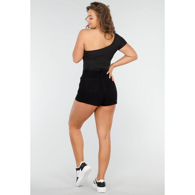 Schwarzes Stretch-Crop-Top mit einer Schulter