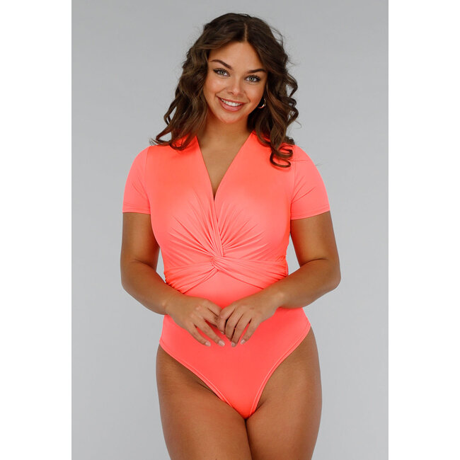 Neon Coral Twist Kurzarm-Bodysuit
