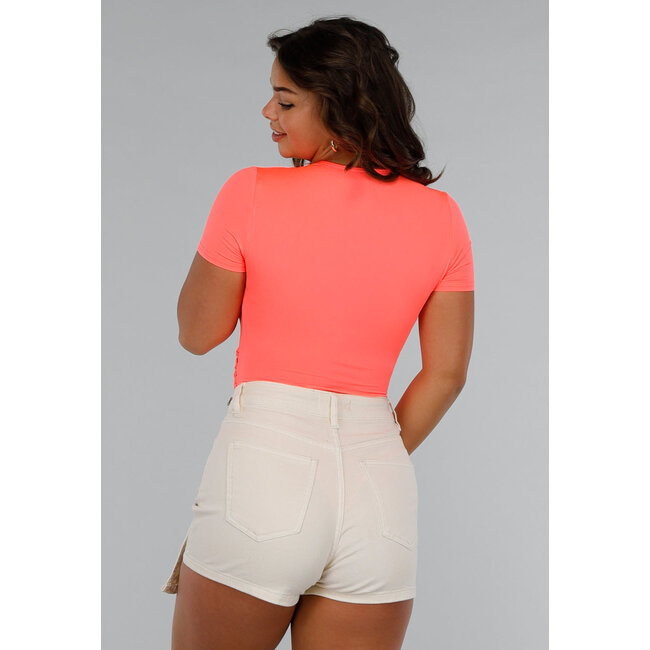 Neon Coral Twist Kurzarm-Bodysuit