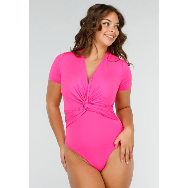 Kurzärmeliger Twist-Body in leuchtendem Pink mit V-Ausschnitt
