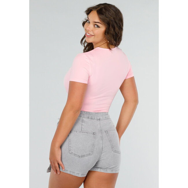 Puderrosa Bodysuit mit V-Ausschnitt, Twist und kurzen Ärmeln