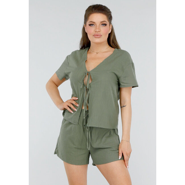 Zweiteiliges Set aus Baumwolle in Khaki mit doppelter Schleife und Shorts