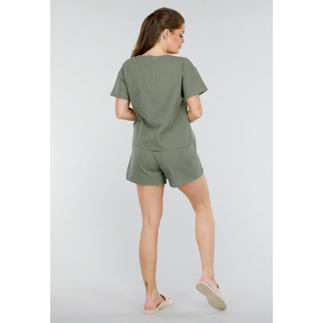 Zweiteiliges Set aus Baumwolle in Khaki mit doppelter Schleife und Shorts