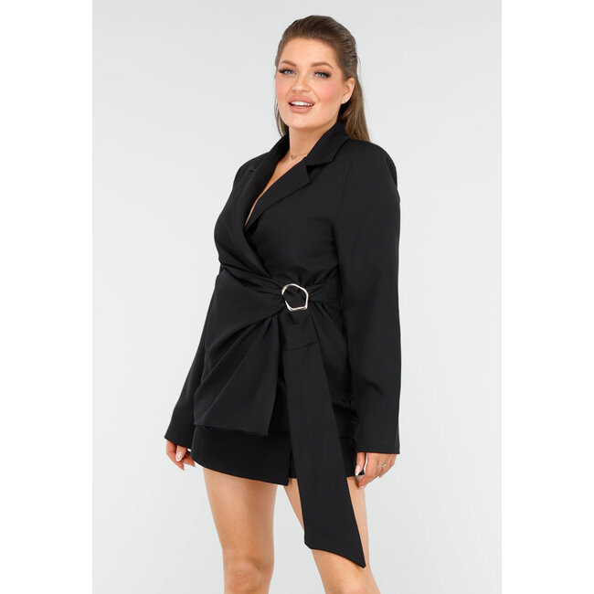 Eleganter, maßgeschneiderter schwarzer Blazer mit Gürtel und goldfarbener Schnalle