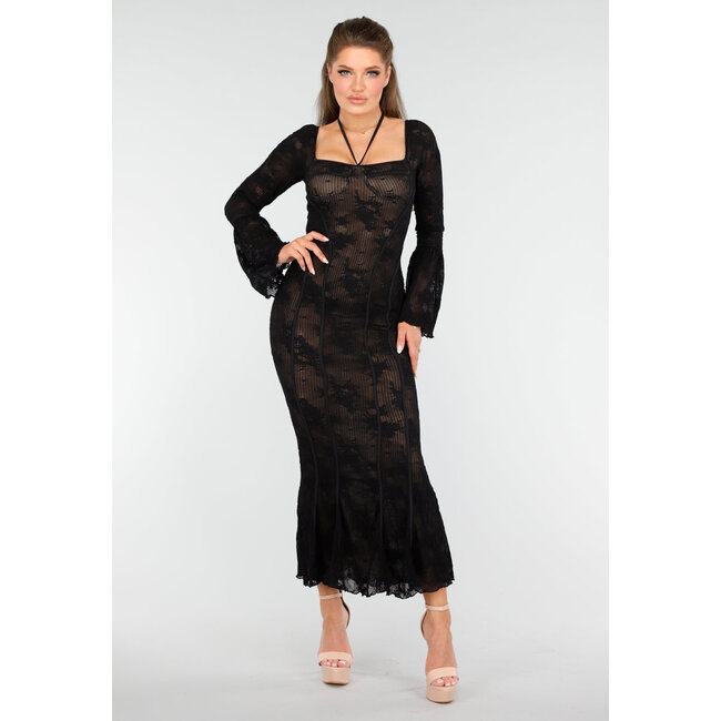Elegantes Schwarzes Spitzenkleid mit Fischschwanz-Effekt und ausgestellten Ärmeln