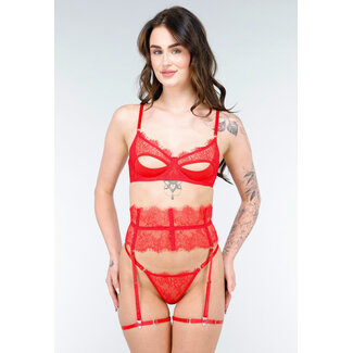 Rotes Dessous-Set mit Spitze und Trägern