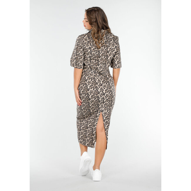 Beigefarbener Stretch-Zweiteiler mit Leopardenmuster, Rock und geteilter Bluse