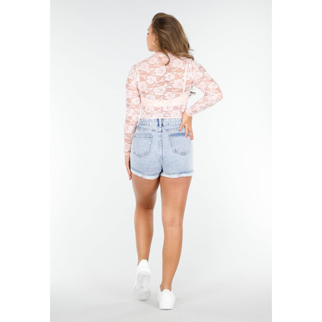 Hellrosa Langarm-Crop-Top aus Spitze mit hübschem Rosenprint