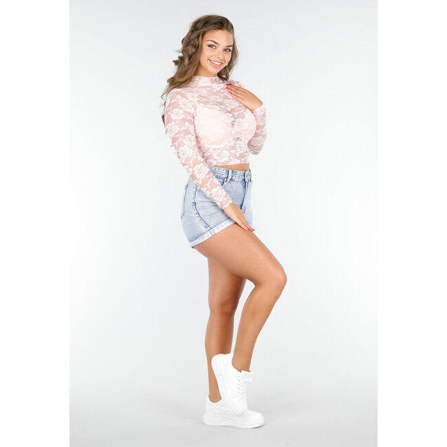Hellrosa Langarm-Crop-Top aus Spitze mit hübschem Rosenprint
