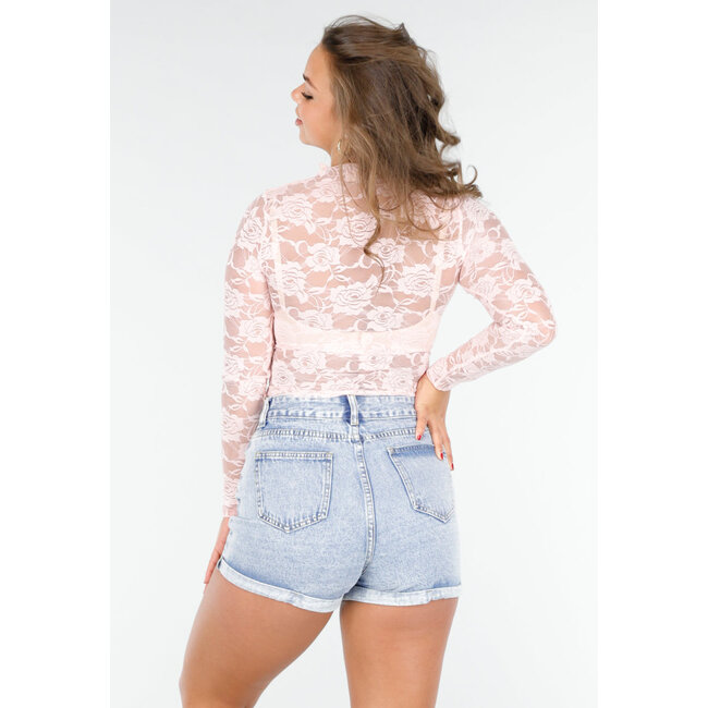 Hellrosa Langarm-Crop-Top aus Spitze mit hübschem Rosenprint