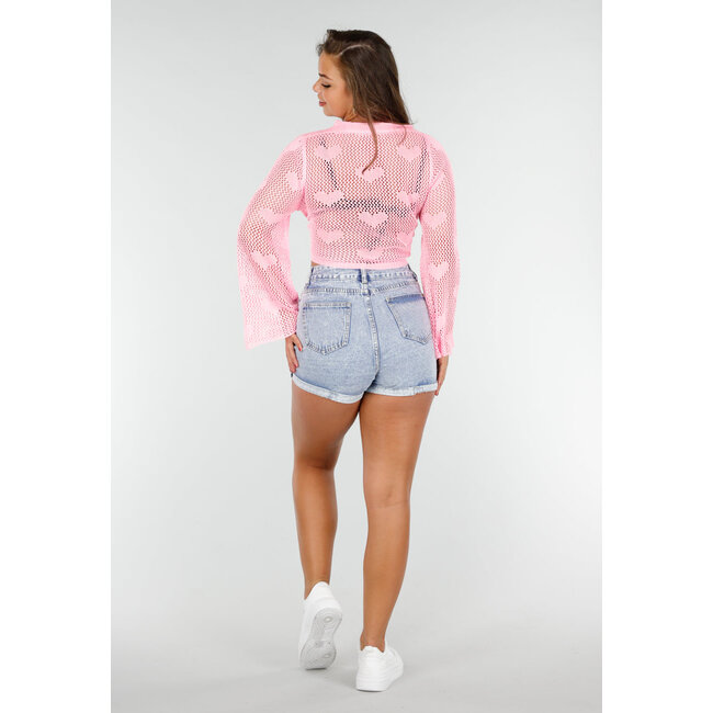 Hellrosa gehäkelte Strickjacke mit Herzen für Sommertage