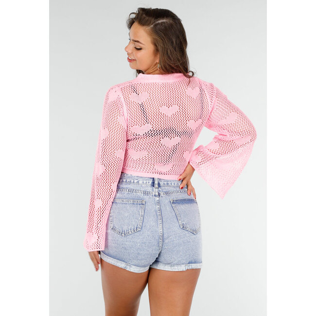 Hellrosa gehäkelte Strickjacke mit Herzen für Sommertage