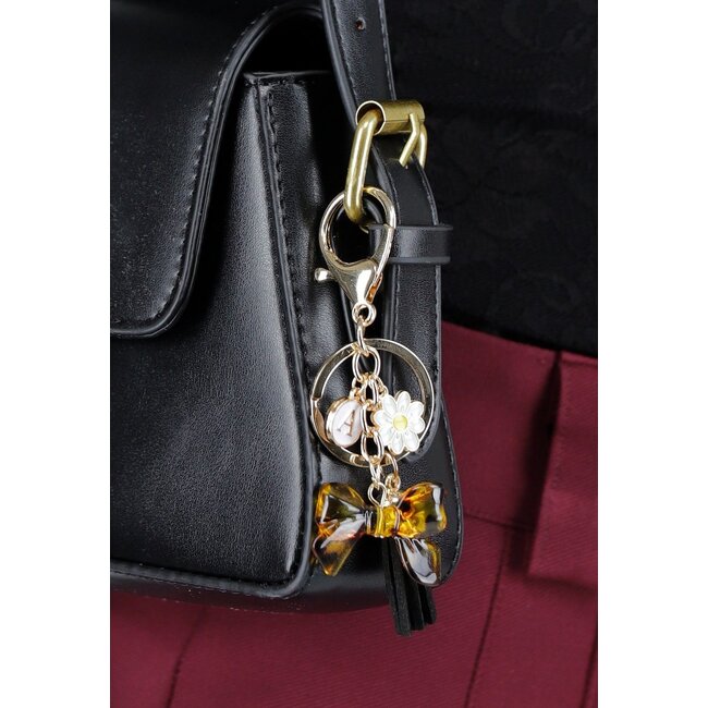 Goldfarbener Taschenanhänger/Schlüsselanhänger mit Leopardenschleife, Perlen und Quaste