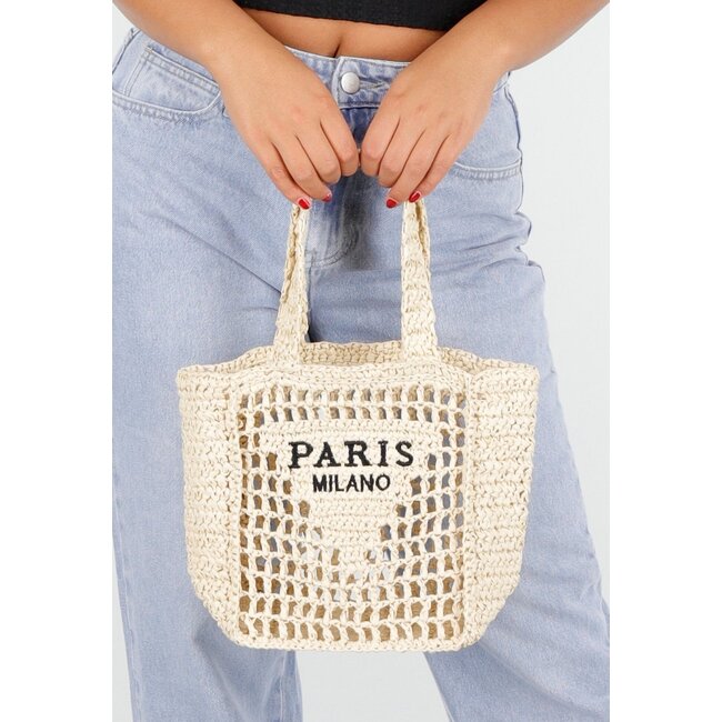 Cremefarbene gehäkelte Handtasche mit 'PARIS MILANO'-Stickerei