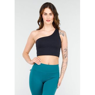 Schwarzes One-Shoulder-Top mit Pads und offenem Rückenausschnitt