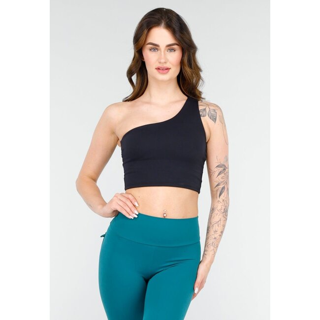 Schwarzes One Shoulder Sport-Top mit Pads und offenem Rückenausschnitt und enger Passform