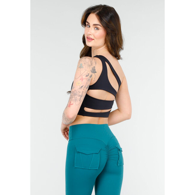 Schwarzes One Shoulder Sport-Top mit Pads und offenem Rückenausschnitt und enger Passform