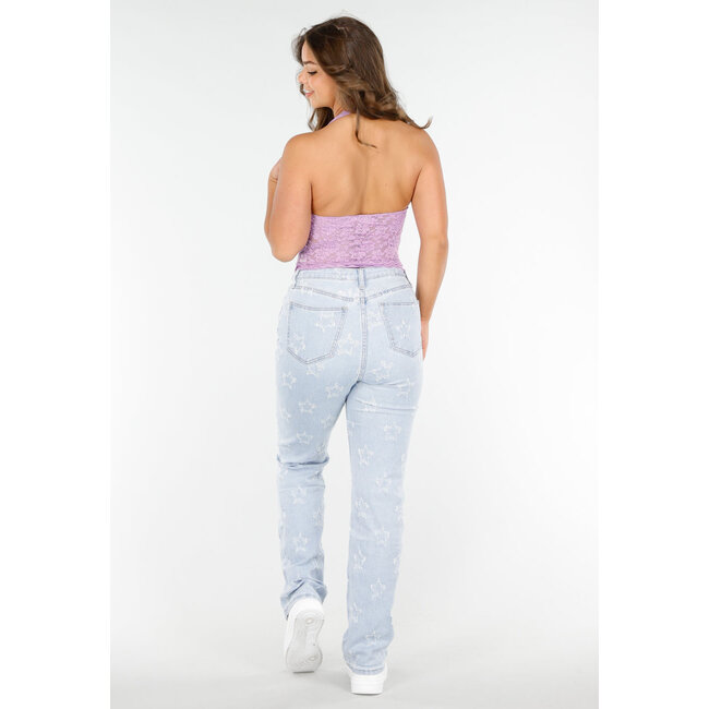 Fliederfarbenes Spitzenhalfter-Crop-Top mit tiefem V-Ausschnitt