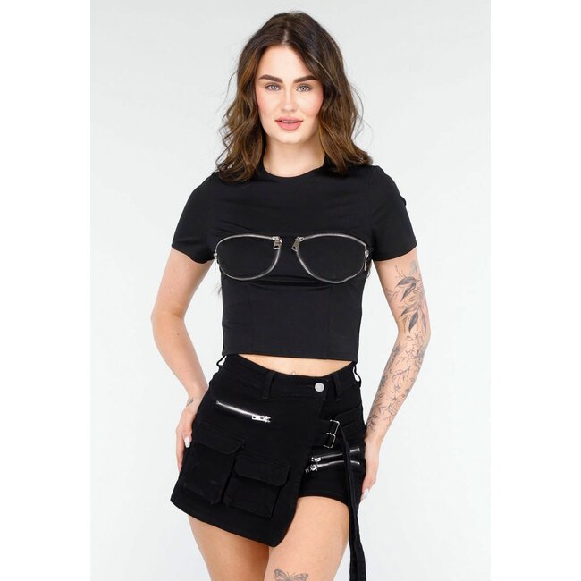 Schwarzes Crop Top mit Reißverschluss und kurzen Ärmeln