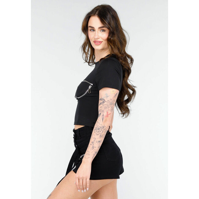 Schwarzes Crop Top mit Reißverschluss und kurzen Ärmeln