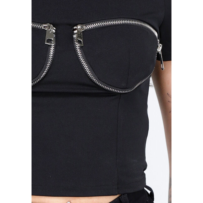 Schwarzes Crop Top mit Reißverschluss und kurzen Ärmeln