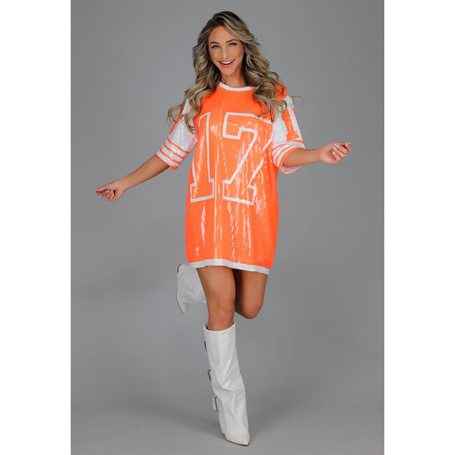 Neonorangefarbenes King's Day Jersey-Kleid mit Pailletten
